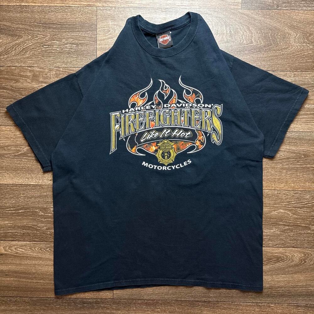 Y2K Black Harley Davidson Firefighters ‘Like It Hot’ Motorcycles Tee with Flames